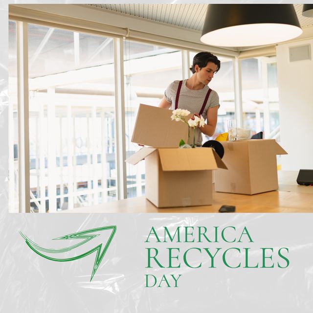 Man celebrating America Recycles Day by unpacking boxes at home. Ideal for promoting recycling initiatives and sustainability campaigns. Useful for environmental blogs, eco-friendly lifestyle articles, and home organization tips.