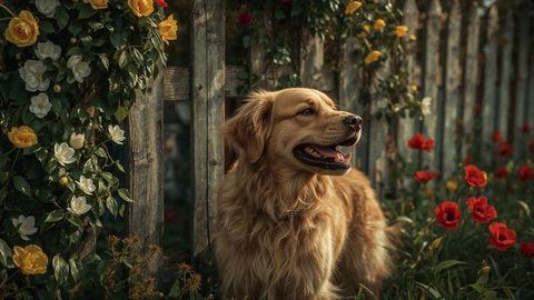 Golden retriever barking dog posing by vibrant garden picket fence