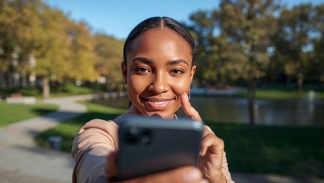 Woman Smiling and Taking Selfie in Autumn Park