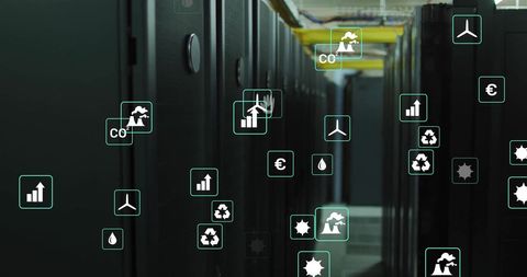 Data centers with eco-friendly and financial technology icons
