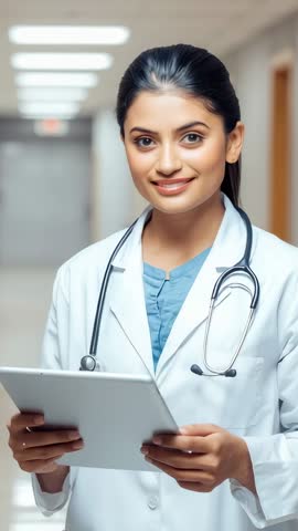 Doctor holding tablet and reading chart while camera zooming in hospital corridor