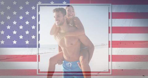 Happy Couple on Summer Beach with American Flag