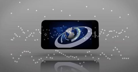 Smartphone Displaying Digital Globe with Networking Pixels