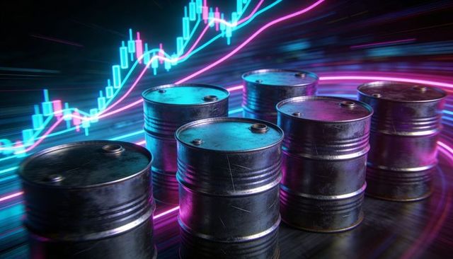 Neon-Reflected Oil Barrels Riding Digital Market Surge with Futuristic Trading Graph