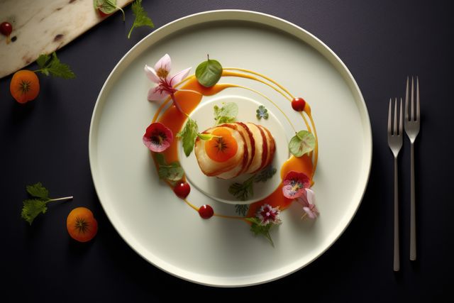 Close up of white plate with food, docorated with flowers created using generative ai technology. Dinner, restaurant and food concept digitally generated image.