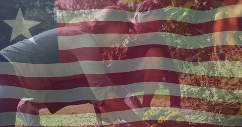 Senior couple gardening together with composite american flag overlay
