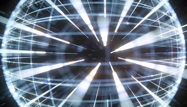 Pulsing rotating digital sphere with radial light beams, glowing mesh and grid rings