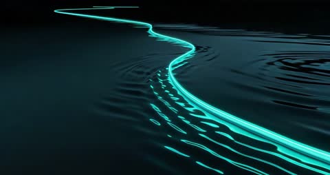 Glowing Turquoise Line Sending Ripples Across Dark Liquid