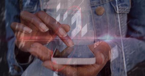 Hand Navigating Smartphone With Futuristic Digital Overlay