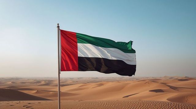 United arab emirates flag waving over vast desert dunes at sunrise