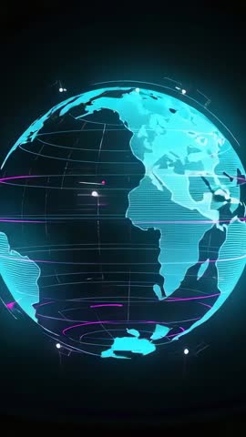 Rotating Neon Globe with Magenta Orbit Trails Vertical Tech Video for Futuristic Networking