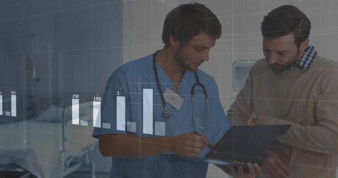 Clinician and visitor reviewing medical records and digital analytics on tablet