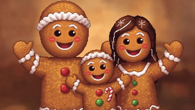 Happy pixel art gingerbread family waving with candy cane on warm festive background