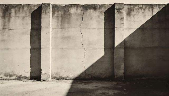 Sunlit weathered concrete wall with three pilasters and central crack casting dramatic diagonal shad