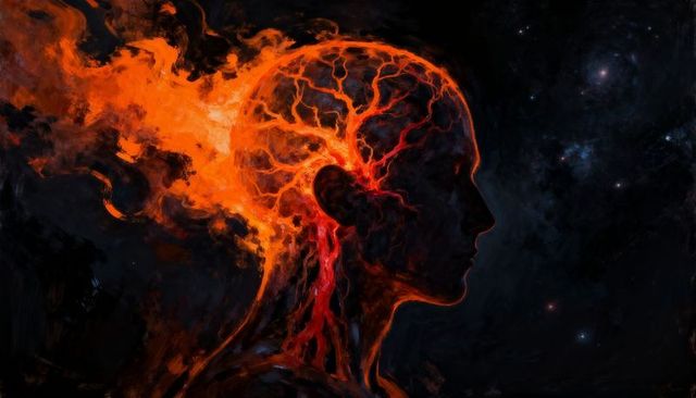 Fiery neural silhouette forming cosmic brain with glowing vascular network and stellar plume