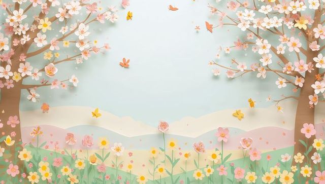 Paper-cut spring meadow blooming with butterflies and blossoming trees, pastel collage