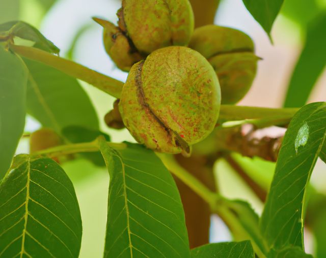 Close up of walnut tree using generative ai technology. Plants, nature and food concept, digitally generated image.