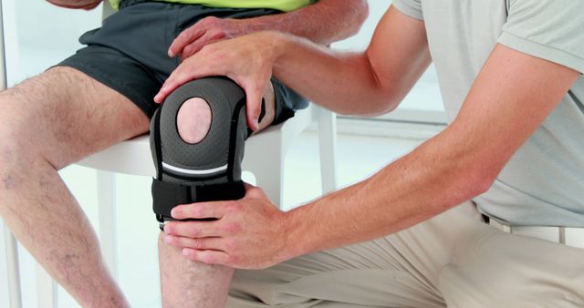 A healthcare professional is assisting a middle-aged Caucasian man with a knee brace, with copy space. Such support devices are crucial for recovery and stability following joint injuries or surgeries.