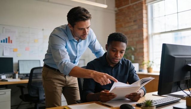 Manager mentoring colleague over documents in modern industrial office workspace