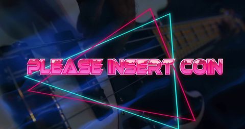 Retro gaming style 'please insert coin' text with neon lights