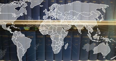 Global knowledge: world map over library books for literacy