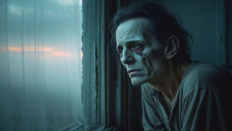 Melancholic Elder Man Gazing Through Window in Abandoned Room