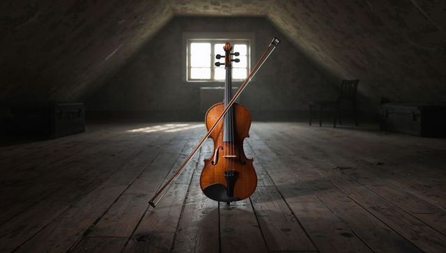 Varnished Violin Standing on Worn Attic Floor, Bow Leaning, Sunbeam Casting Moody Light