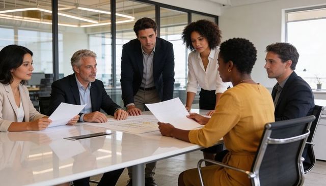 Diverse team collaborating around conference table reviewing architectural plans