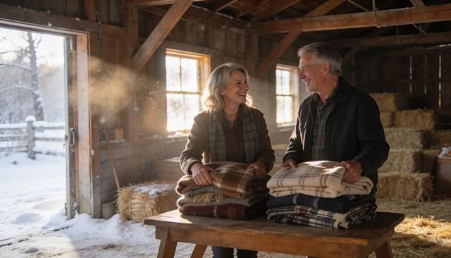 Senior couple folding wool blankets in sunlit rustic barn, cozy plaid winter lifestyle