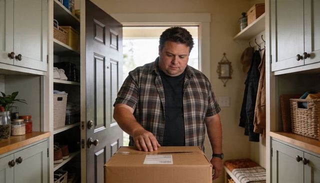 Middle-aged man receiving parcel at entryway, hand on cardboard box in organized mudroom