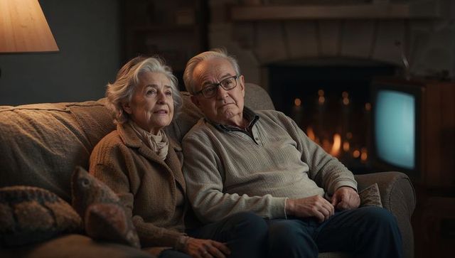 Senior couple relaxing on sofa by fireplace in cozy living room embracing quiet evening
