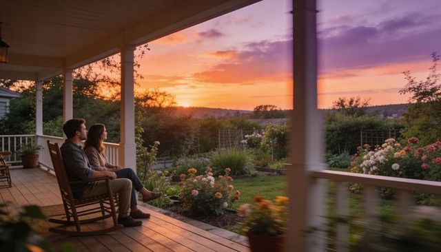 Couple watching sunset from country porch rocking chairs with blooming rose garden