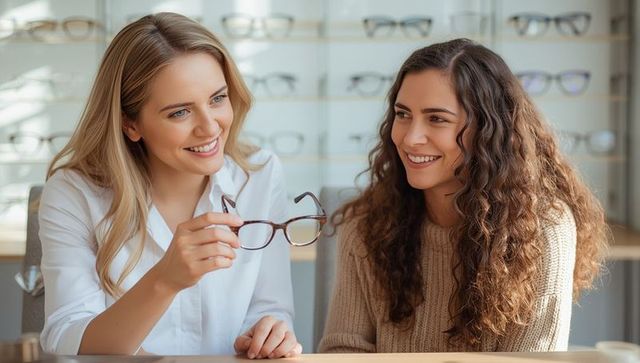 Consultation in optical shop: two women choosing eyeglasses