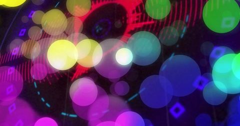 Neon Bokeh HUD Overlay with Colorful Orbs and Abstract Digital UI Elements