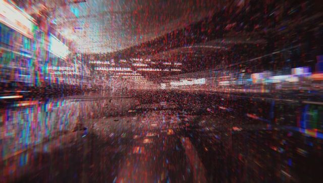 Cyberpunk night city glitch reflections on wet urban streets