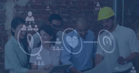 Business Team Collaborating with Digital Interface Overlay