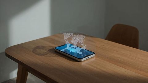 Holographic world map projected from smartphone on wooden table