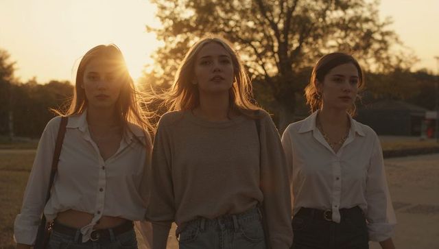 Three women walking at golden hour backlit trio in casual denim and white shirts