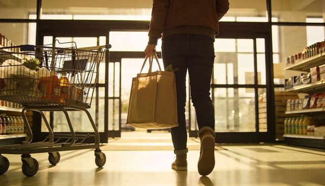 Walking shopper carrying reusable tote toward supermarket doors in warm golden-hour light