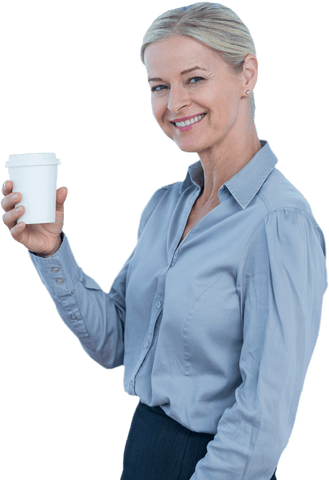 Smiling Professional Woman Holding Coffee Cup on Transparent Background