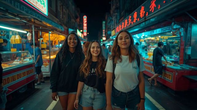 Neon Night Market Friends Walking Through Vibrant Urban Food Stall Alley at Night