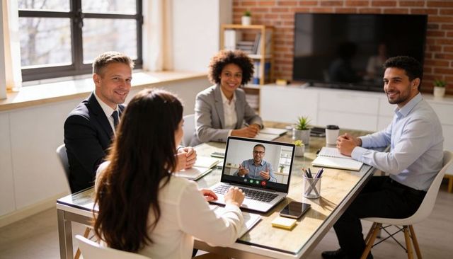 Diverse business team collaborating in modern office during hybrid video conference
