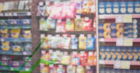 Blurring supermarket shelves with green sales trend overlay and retail analytics concept