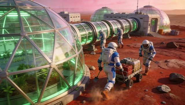 Mars Outpost Crew Pushing Cargo Cart Past Geodesic Hydroponic Domes at Sunset