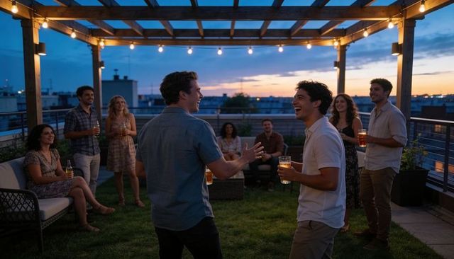 Laughing friends clinking beer glasses on rooftop pergola at sunset with string lights