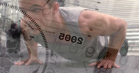 Man performing intense push-up with fitness overlay and radar-style data double exposure