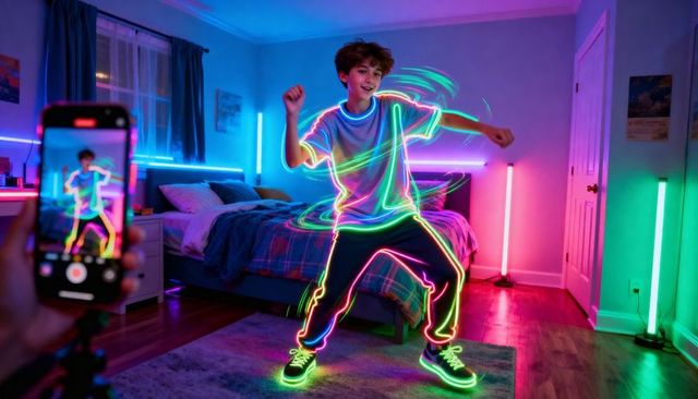 Dancing teen creating neon light trails in bedroom filmed on smartphone with led tubes