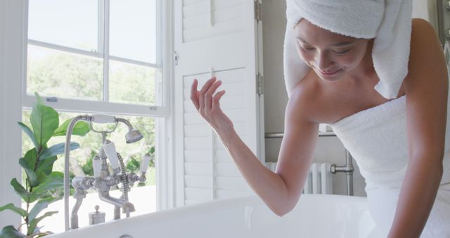 Young Woman Relaxing in White Towel Preparing Bathtub - Download Free Stock Images Pikwizard.com