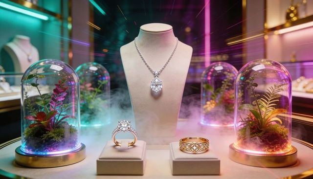 Showcasing diamond pendant necklace and rings on cream bust with illuminated glass terrariums