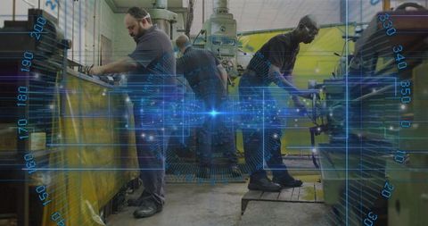 Machinists Adjusting Milling Machines in Factory with Futuristic Blue HUD Overlay